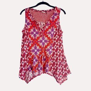 Akemi + Kin Top Sz M Red Multi Sharkbite Hem Anthropologie Sleeveless Bright